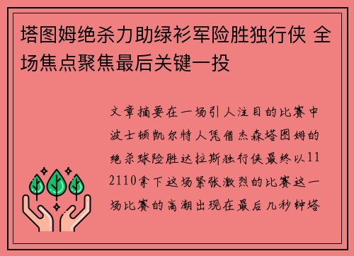 塔图姆绝杀力助绿衫军险胜独行侠 全场焦点聚焦最后关键一投